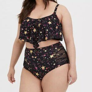 Torrid Celestial Stars Bikini Swimsuit Top Size 1X Flounce Wirefree Cosmic Foil